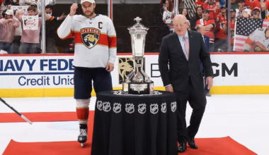 Image shows the Florida Panthers lifting the Prince of Wales Trophy