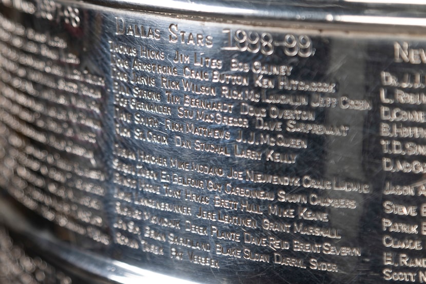An engraving for the Dallas Stars winning the Stanley Cup during the 1998-1999 season on the...
