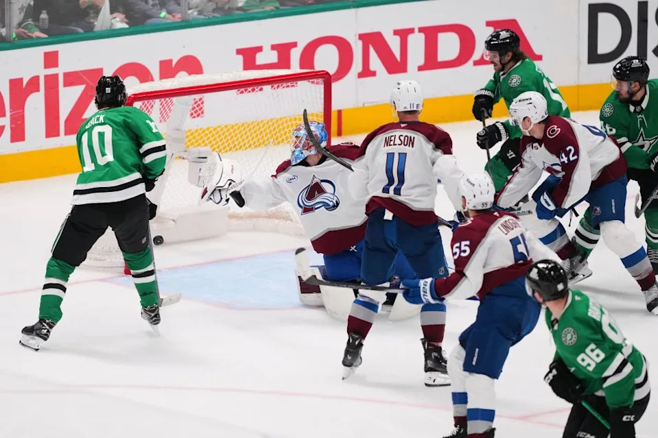 Mackenzie Blackwood can’t make a save during the Avalanche’s Game 7 loss to the Stars. AP