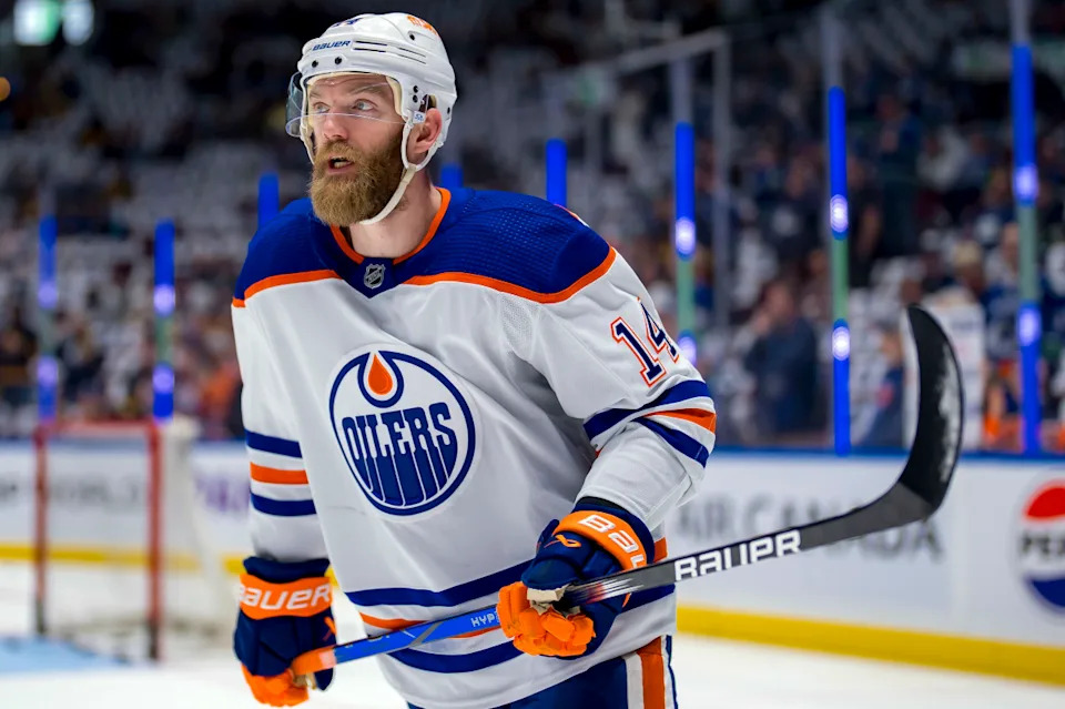 Edmonton Oilers defenseman Mattias Ekholm (14) skates in warm ups during the 2024 Stanley Cup Playoffs.Bob Frid-Imagn Images