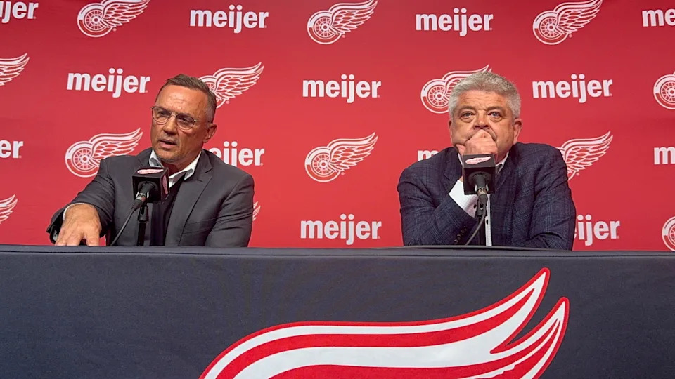 Detroit Red Wings GM Steve Yzerman & coach Todd McLellan, April 29, 2025 in Detroit.