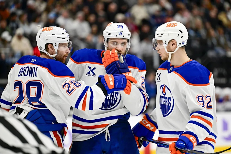 Edmonton Oilers right wing Connor Brown (28), center Leon Draisaitl (29), and right wing Vasily Podkolzin (92) on the ice against the Utah Hockey Club during the third period at the Delta Center.Christopher Creveling-Imagn Images