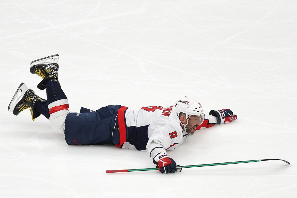 Alex Ovechkin of the Washington Capitals celebrates scoring a goal.