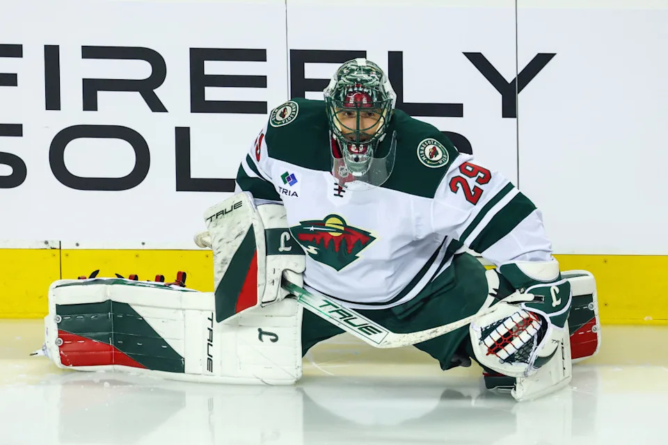 Minnesota Wild goaltender Marc-Andre Fleury (29) during the warmup period against the Calgary Flames at Scotiabank Saddledome.Sergei Belski-Imagn Images
