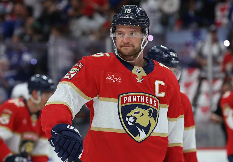 Florida Panthers center Aleksander Barkov (16) warms up against the Toronto Maple Leafs before game four at Amerant Bank Arena.Kim Klement Neitzel-Imagn Images