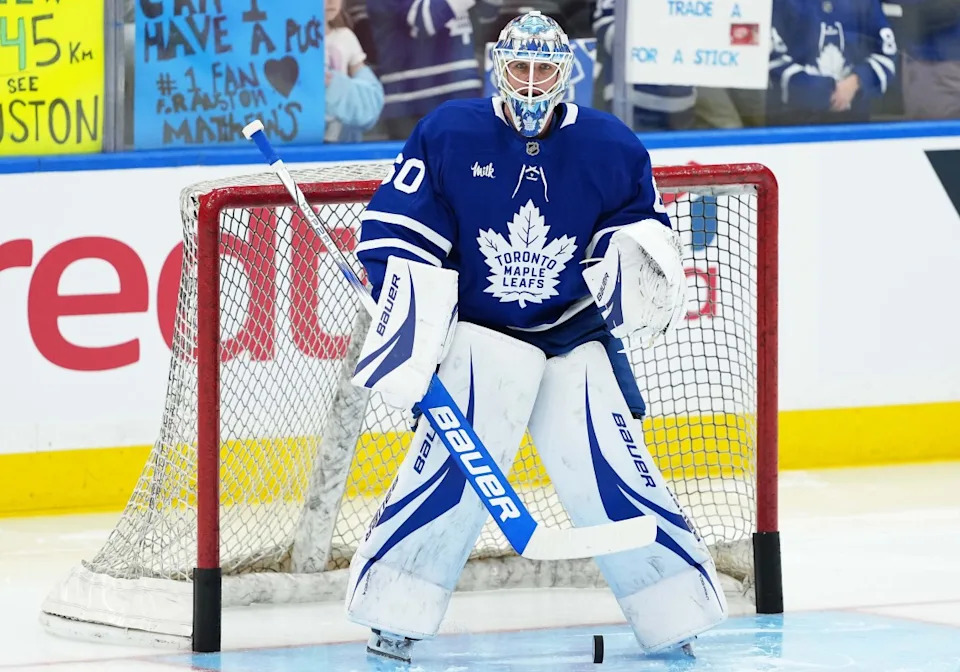 Toronto Maple Leafs goaltender Joseph Woll (60) takes pucks during the warmup before a game against the Detroit Red Wings at Scotiabank Arena. Nick Turchiaro-Imagn Images