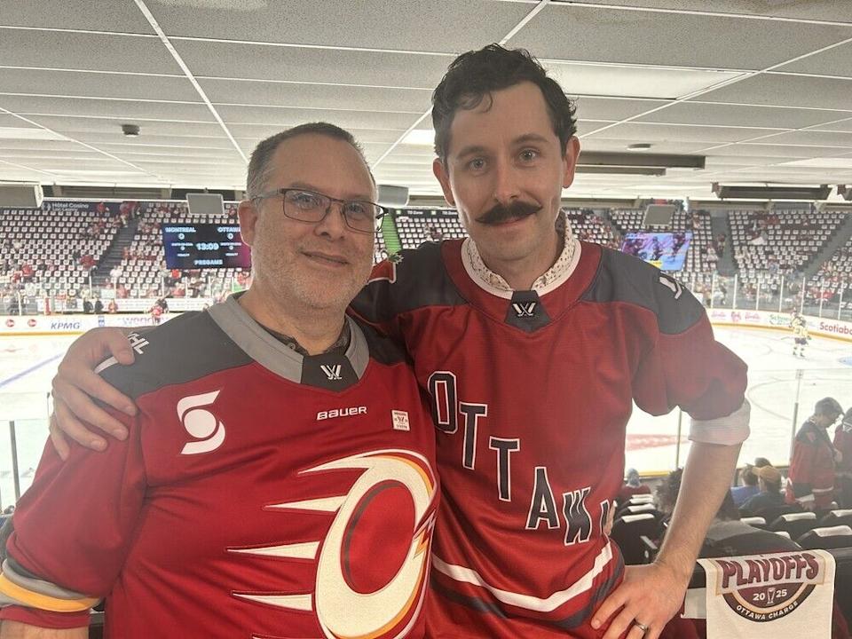  Eric Pommainville, left, and Martin Villeneuve at Game 3 of the PWHL semifinal series between the Ottawa Charge and the Montreal Victoire on Tuesday night.