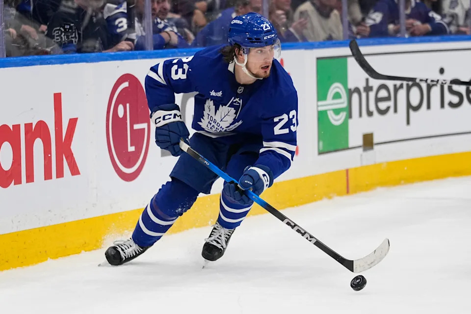 Toronto Maple Leafs forward Matthew Knies (23) carries the puck against the Florida Panthers in the Stanley Cup Playoffs.John E. Sokolowski-Imagn Images
