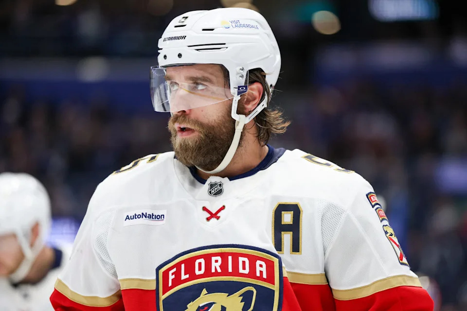 Florida Panthers defenseman Aaron Ekblad (5) looks on during a stoppage of play at Amalie Arena.Nathan Ray Seebeck-Imagn Images