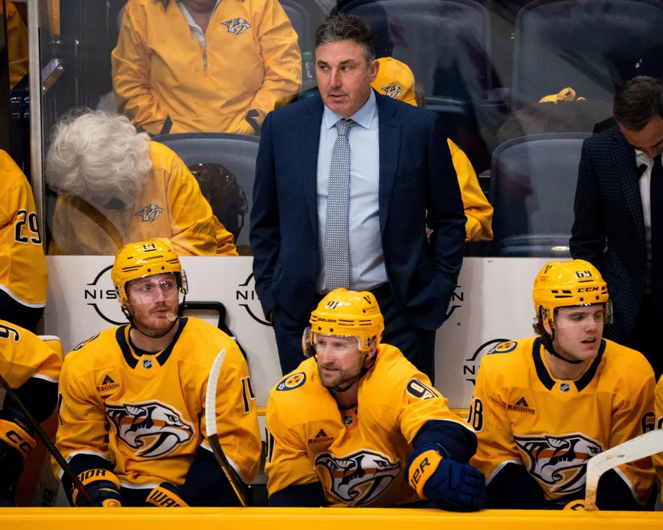 Nashville Predators head coach Andrew Brunette works wit his team against the Washington Capitals during the third period at Bridgestone Arena in Nashville, Tenn., Saturday, Jan. 11, 2025.