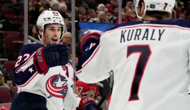 -Columbus Blue Jackets center Sean Monahan, left, celebrates with center Sean Kuraly (7) after scoring during the second period of an NHL hockey game against the Chicago Blackhawks in Chicago, Sunday, Dec.1, 2024.