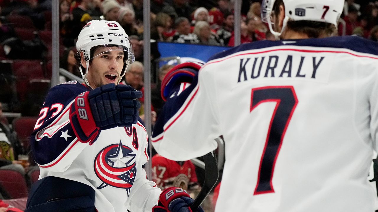 -Columbus Blue Jackets center Sean Monahan, left, celebrates with center Sean Kuraly (7) after scoring during the second period of an NHL hockey game against the Chicago Blackhawks in Chicago, Sunday, Dec.1, 2024.