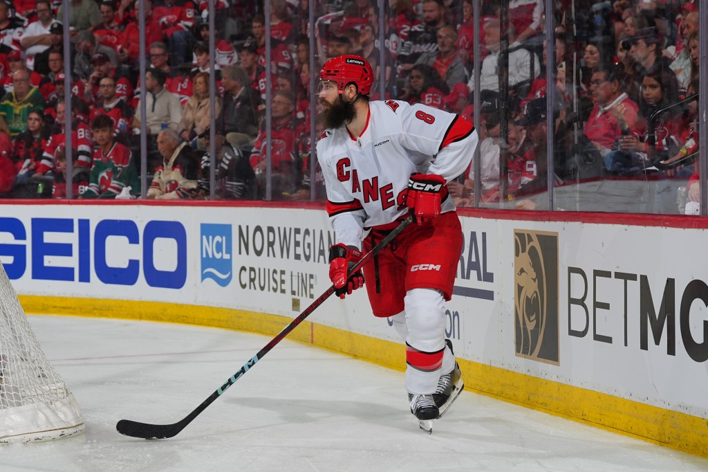 Brent Burns of the Carolina Hurricanes looks for a passing option.
