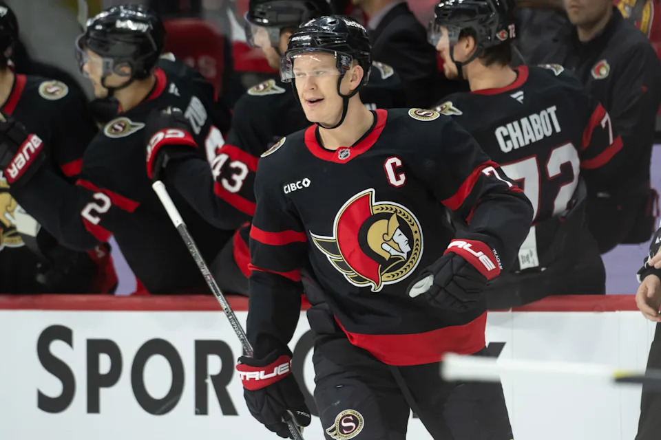 Ottawa Senators left wing Brady Tkachuk (7) celebrates a goal scored at the Canadian Tire Centre.Marc DesRosiers-Imagn Images