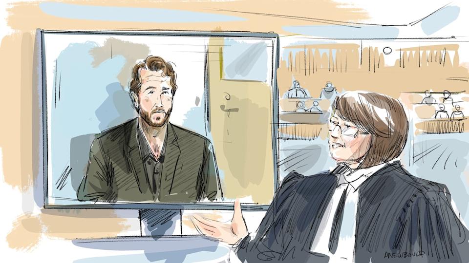 Taylor Raddysh, now a forward with the NHL's Washington Capitals, testifies via video on April 30, 2025, in London, Ont., at the trial of five of his former teammates on Canada's 2018 world junior hockey team as Crown attorney Meaghan Cunningham questions him.