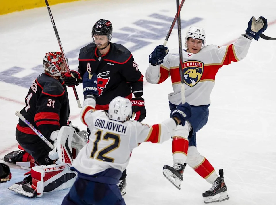 Florida Panthers center Anton Lundell (15) reacts after scoring to take a 3-2 lead over the Carolina Hurricanes in the second period during Game 5 of their Stanley Cup series on Wednesday, May 28, 2025 at Lenovo Center in Raleigh, N.C.