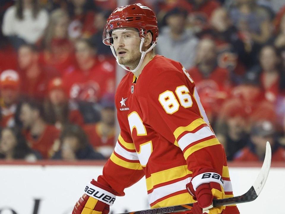  Joel Farabee #86 of the Calgary Flames skates during a break in play against the Detroit Red Wings during first period at the Scotiabank Saddledome on February 01, 2025, in Calgary, Alberta, Canada.