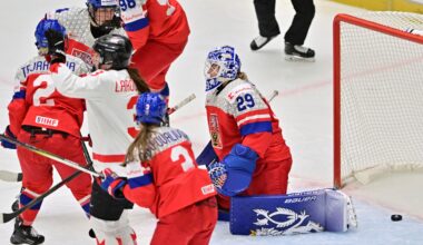 Czech Republic goalkeeper Klara Peslarova, right, fails to save a goal during the IIHF Women's World Championship, Group A, match between Czech Republic and Canada, in Ceske Budejovice, Czech Republic, Monday, April 14, 2025. (Vaclav Pancer/CTK via AP)