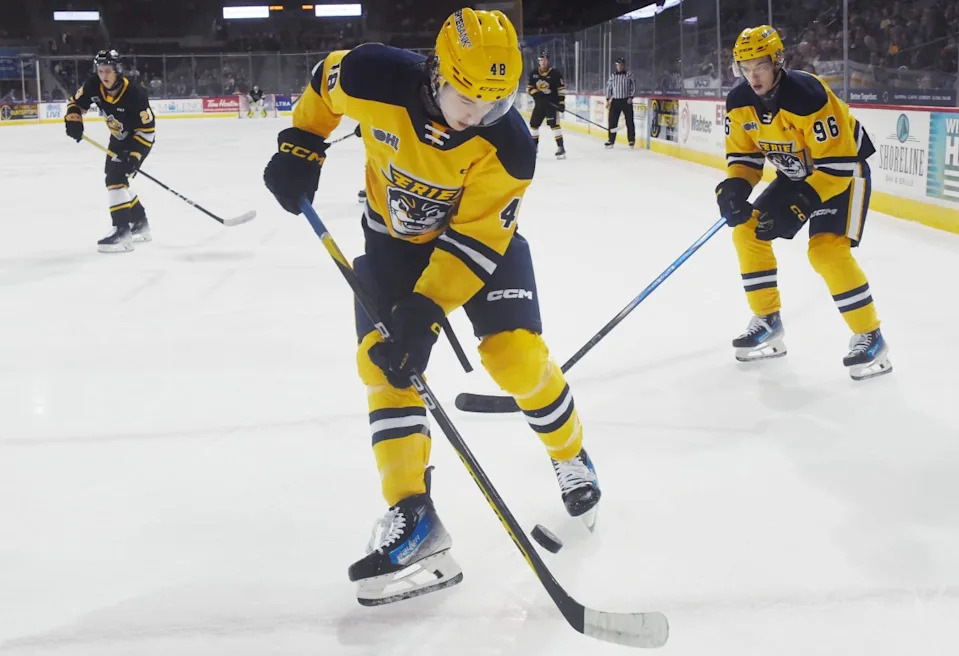 Erie Otters defenseman Matthew Schaefer controls the puck against the Sarnia Sting at Erie Insurance Arena in Erie on Oct. 21, 2023GREG WOHLFORD&sol;ERIE TIMES-NEWS-USA TODAY NETWORK