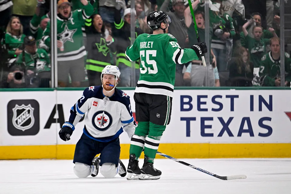 Dallas Stars defenseman Thomas Harley (55) celebrates scoring a goal against the Winnipeg Jets during the first period in game three of the second round of the 2025 Stanley Cup Playoffs at American Airlines Center. Mandatory Credit: Jerome Miron-Imagn Images