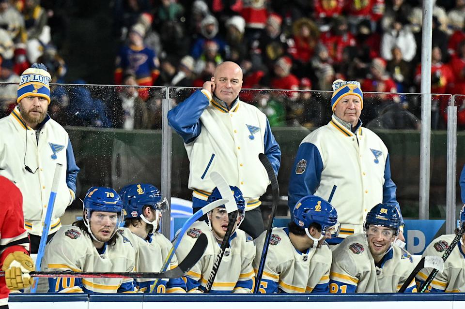 St. Louis Blues coach Jim Montgomery (top, middle), sees a bright future for the franchise moving forward after a painful series loss against the Winnipeg Jets in the Western Conference First Round. (Daniel Bartel-Imagn Images)