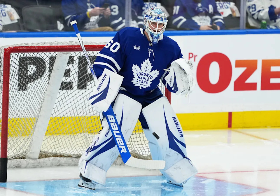 Toronto Maple Leafs goaltender Joseph Woll (60) takes pucks during the warmup at Scotiabank Arena.Nick Turchiaro-Imagn Images