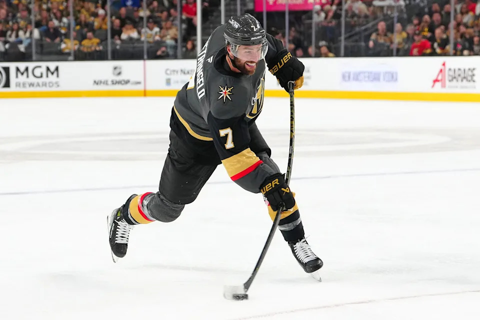 Vegas Golden Knights defenseman Alex Pietrangelo (7) shoots against the Tampa Bay Lightning during the second period at T-Mobile Arena. Mandatory Credit: Stephen R. Sylvanie-Imagn Images