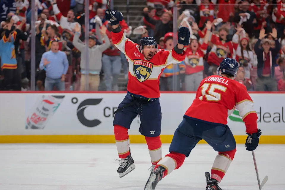 May 9, 2025; Sunrise, Florida, USA; Florida Panthers center Brad Marchand (63) celebrates after scoring the game-winning goal against the Toronto Maple Leafs during overtime in game three of the second round of the 2025 Stanley Cup Playoffs at Amerant Bank Arena. Mandatory Credit: Sam Navarro-Imagn Images