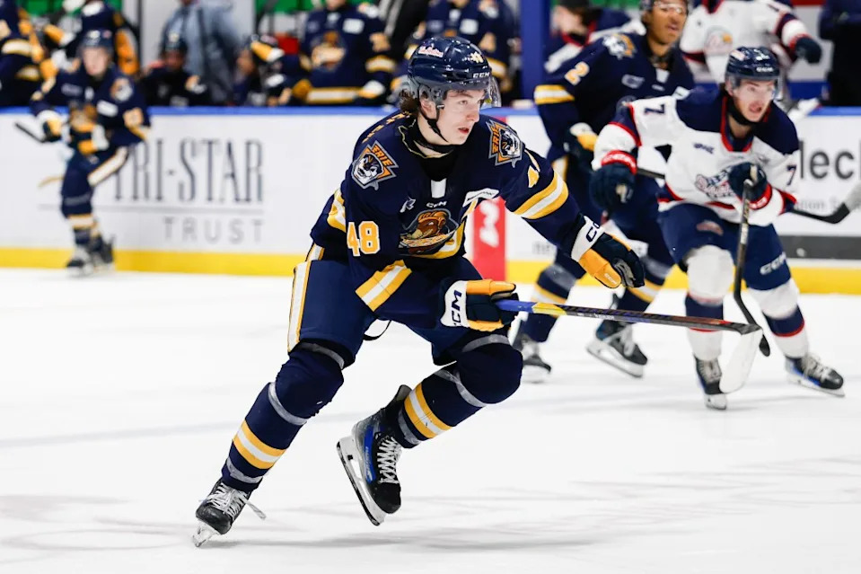 Matthew Schaefer #48 of Erie skates for the puck. Getty Images
