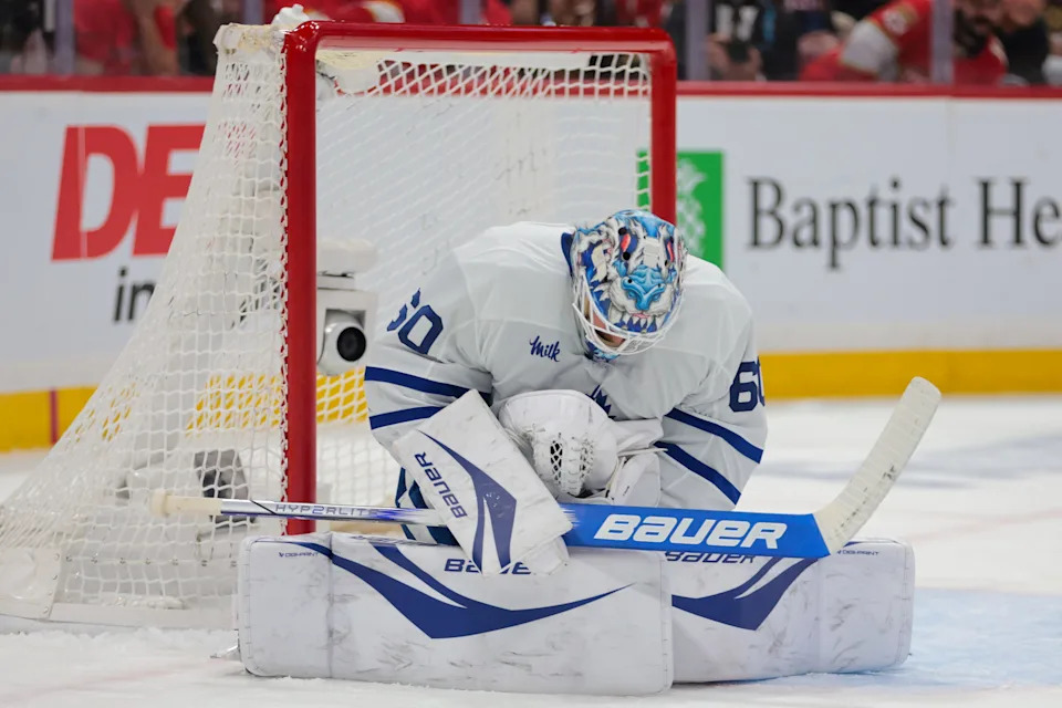 May 16, 2025; Sunrise, Florida, USA; Toronto Maple Leafs goaltender Joseph Woll (60) makes a save against the Florida Panthers during the second period in game six of the second round of the 2025 Stanley Cup Playoffs at Amerant Bank Arena. Mandatory Credit: Sam Navarro-Imagn Images