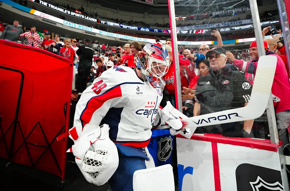 Washington Capitals goaltender Logan Thompson (48) goes past the fans on his way to the warmups before a game against the Carolina Hurricanes.James Guillory-Imagn Images
