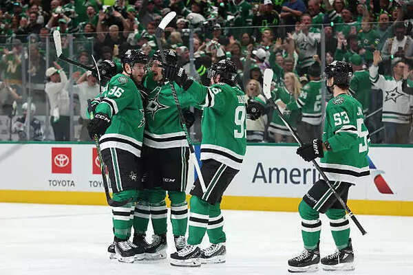 Dallas Stars celebrates scoring a goal against the Winnipeg Jets during the first period of Game Three