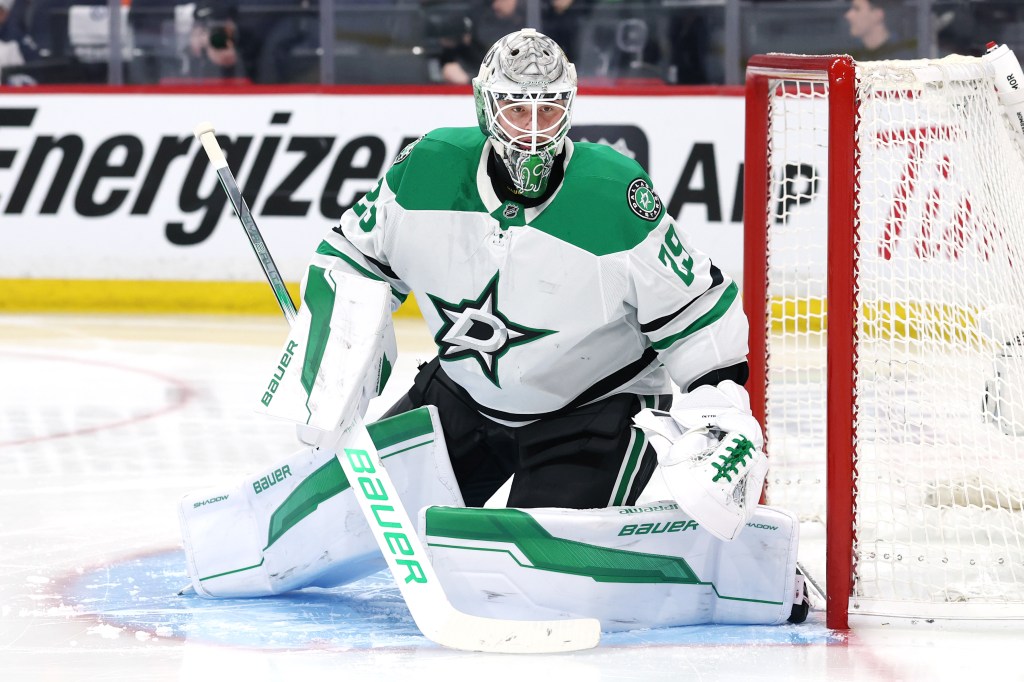 Dallas Stars goaltender Jake Oettinger (29) warms up against the Winnipeg Jets before the second period in game two of the second round of the 2025 Stanley Cup Playoffs at Canada Life Centre.