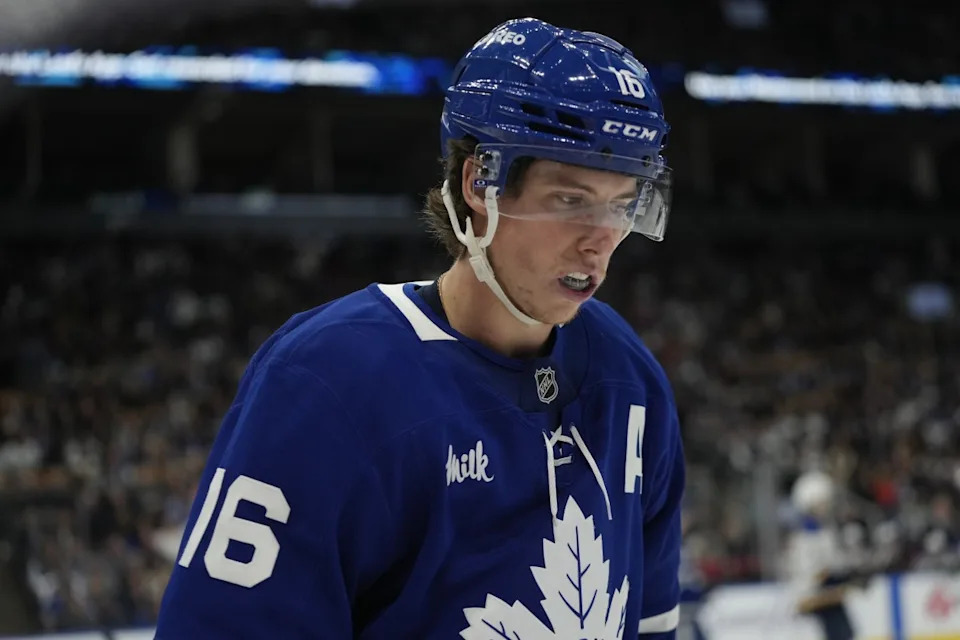 Toronto Maple Leafs forward Mitch Marner (16) during a break in the action against the St. Louis Blues during the third period at Scotiabank Arena.John E&period; Sokolowski-Imagn Images