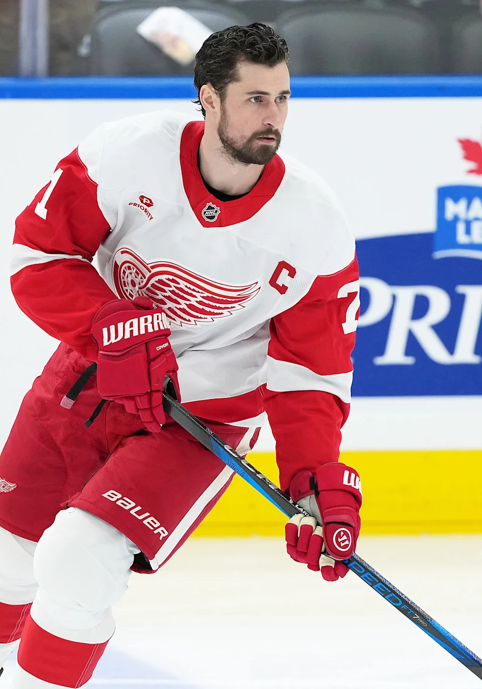 Detroit Red Wings center Dylan Larkin (71) skates during the warmup before a game against the Toronto Maple Leafs at Scotiabank Arena in Toronto on Thursday, April 17, 2025.