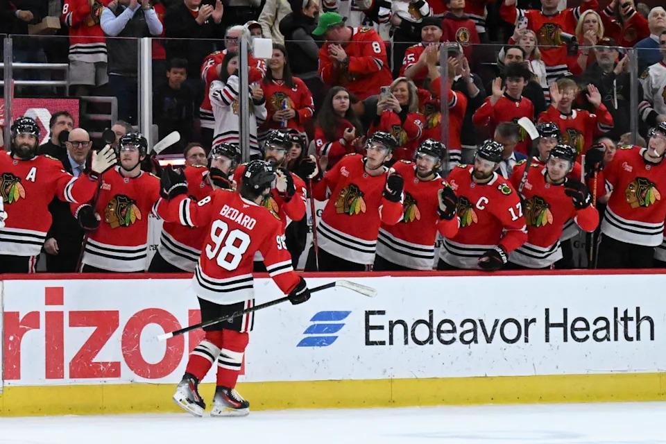Blackhawks center Connor Bedard celebrates after a goal against the Jets.Matt Marton-Imagn Images