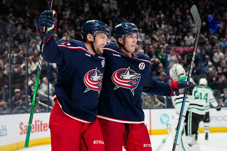 Columbus Blue Jackets center Joseph LaBate (14) celebrates a goal by left wing James van Riemsdyk (21) during the third period of the NHL hockey game against the Dallas Stars at Nationwide Arena in Columbus on Feb. 25, 2025. The Blue Jackets won 6-4.