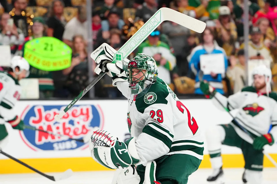 Minnesota Wild goaltender Marc-Andre Fleury (29) warms up before game one of the first round of the 2025 Stanley Cup Playoffs against the Vegas Golden Knights.Stephen R&period; Sylvanie-Imagn Images