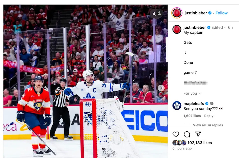 Recording artist Justin Bieber's post on Instagram after the Toronto Maple Leafs defeated the Florida Panthers in Game 6.Justin Bieber's Instagram account (@justinbieber)