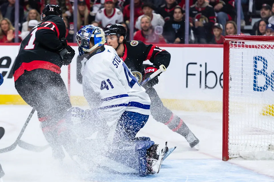 May 1, 2025: Leafs goalie Anthony Stolarz (41) makes a save in front of Ottawa Senators center Ridly Greig (71) in game six of the first round of the 2025 Stanley Cup Playoffs. Mandatory Credit: Marc DesRosiers-Imagn Images