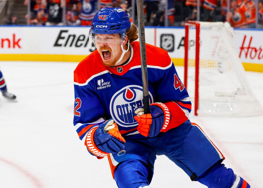 Kasperi Kapanen of the Oilers celebrates during Game 4.