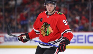 APRIL 14: Frank Nazar #91 of the Chicago Blackhawks during the second period against the Carolina Hurricanes at the United Center on April 14, 2024 in Chicago, Illinois.