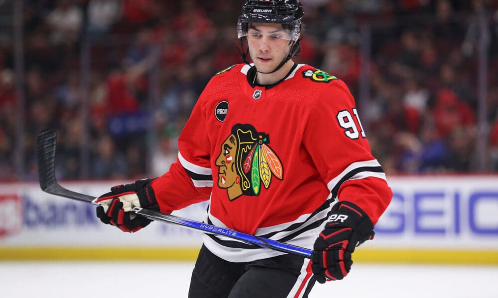 APRIL 14: Frank Nazar #91 of the Chicago Blackhawks during the second period against the Carolina Hurricanes at the United Center on April 14, 2024 in Chicago, Illinois.