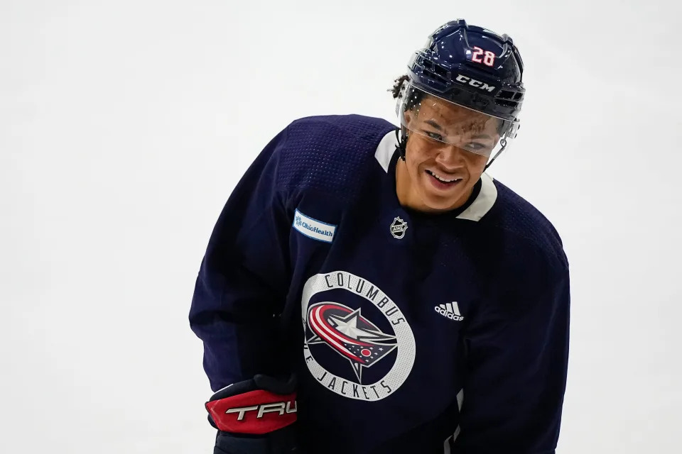 Jul 2, 2024; Columbus, Ohio, USA.; Forward Cayden Lindstrom (28) skates during Blue Jackets development camp at the OhioHealth Ice Haus.