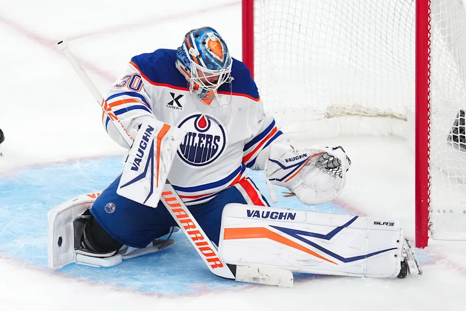 Edmonton Oilers goaltender Calvin Pickard (30) makes a save against the Vegas Golden Knights during the third period of game one of the second round of the 2025 Stanley Cup Playoffs at T-Mobile Arena.Stephen R&period; Sylvanie-Imagn Images