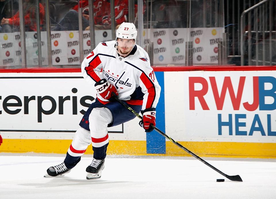 Alex Alexeyev #27 of the Washington Capitals skates against the New Jersey Devils in a preseason game at the Prudential Center on October 04, 2021 in Newark, New Jersey (Getty Images)
