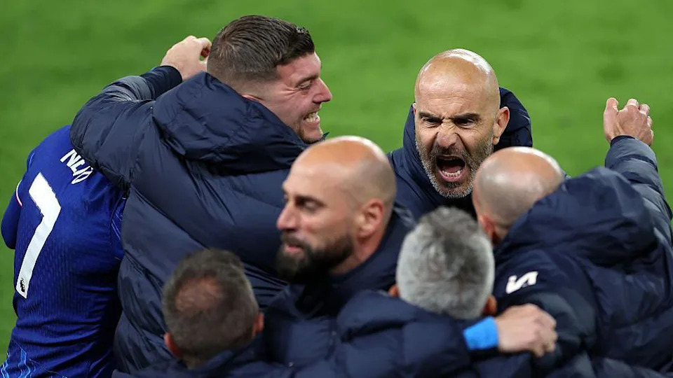 Maresca celebrates after beating Manchester United