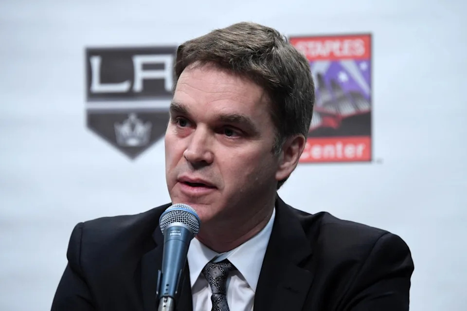 Luc Robitaille is introduced as Los Angeles Kings president during press conference at the Staples Center. Kirby Lee-Imagn Images