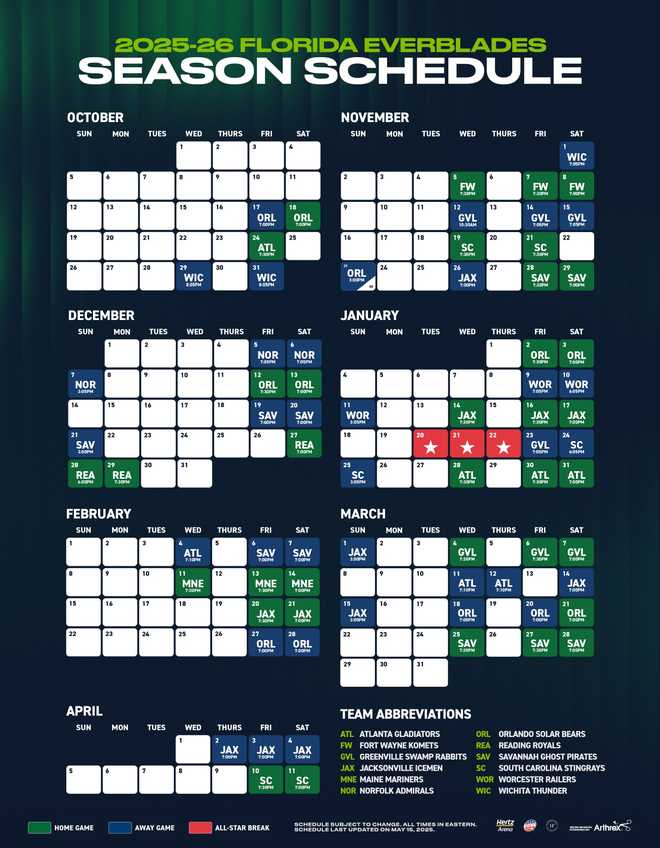 Florida Everblades 2025-26 schedule The Florida Everblades' 2025-26 regular season schedule.