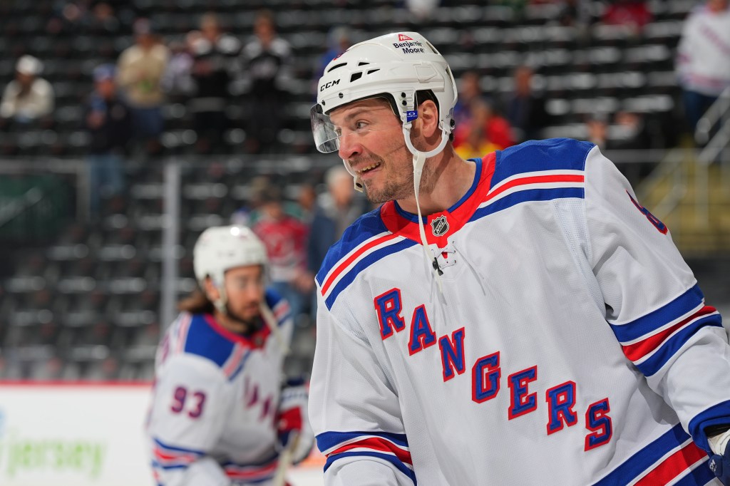  J.T. Miller of the Rangers skates during warm-ups before the game against the New Jersey Devils at Prudential Center on April 5, 2025 